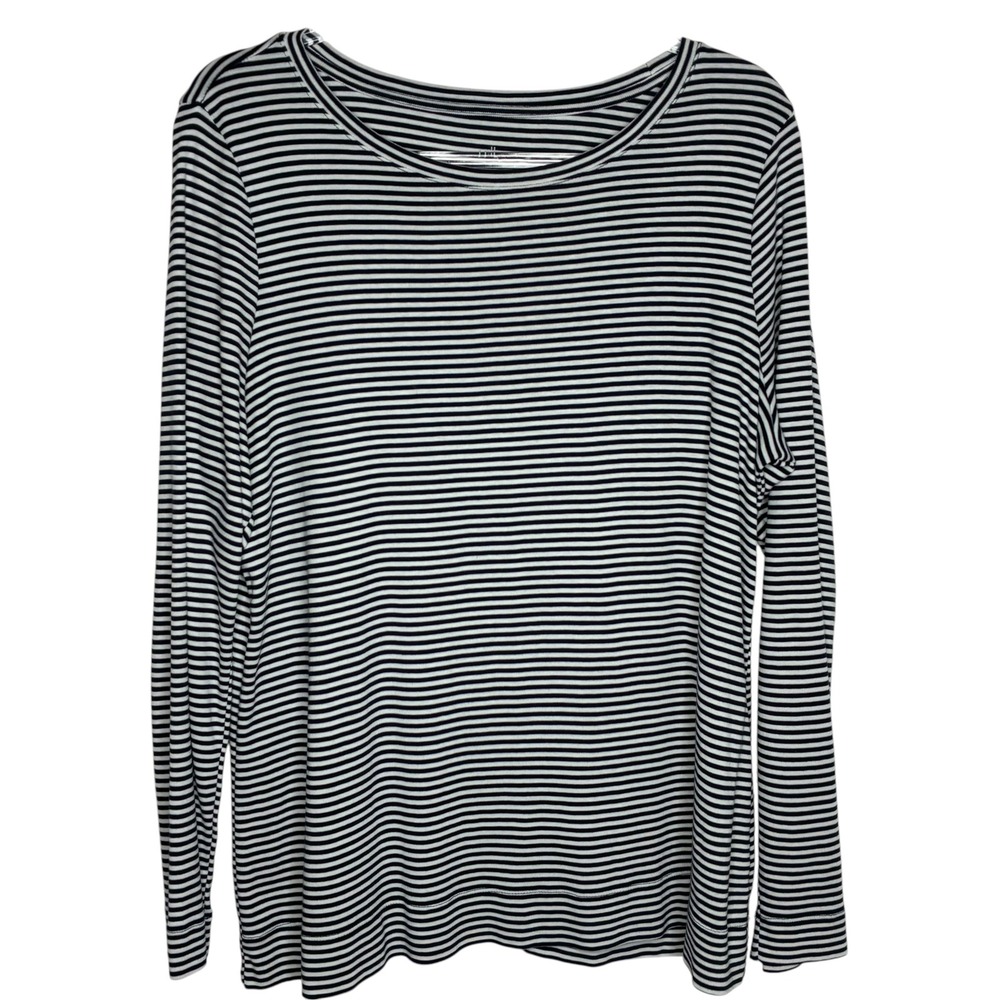 J Jill Women Large Crew Neck Tee Navy White Striped Pima Cotton Long Sleeve Top